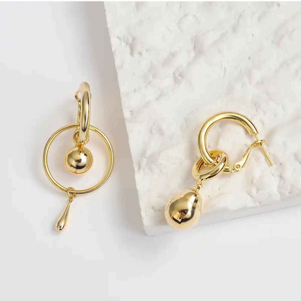 Gold Plated Mismatched Metal Ball Dangle Drop Earrings - Picture 8 of 10
